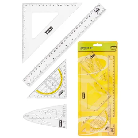Idena Zeichengarnitur 4-teilig. Geo Dreieck 16cm + Lineal 15cm & 30cm + Parabel, 3 Stück