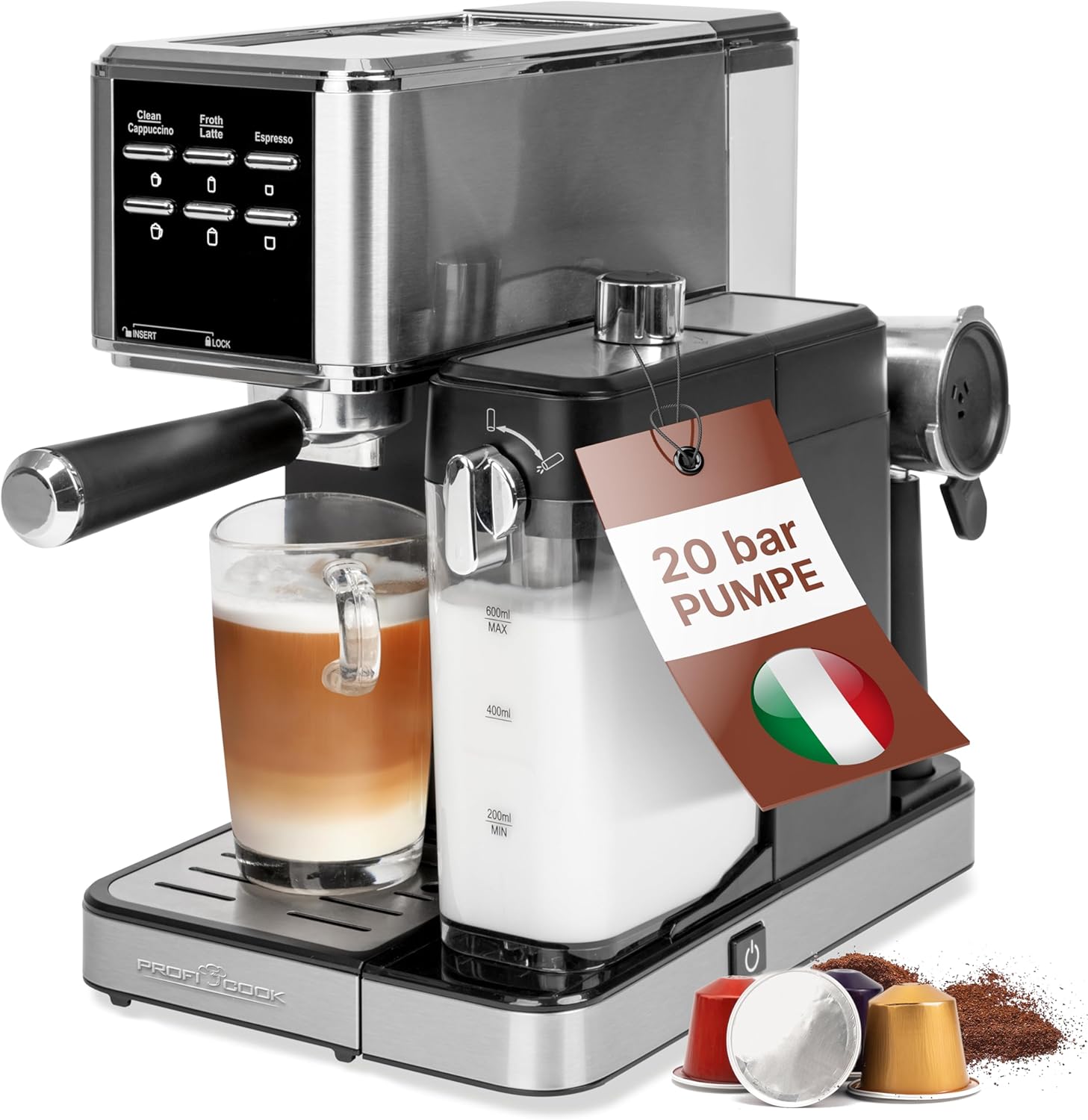ProfiCook® Espressomaschine 2in1 | für Kaffeepulver und Nespresso kompatible Kapseln | Siebträgermaschine | 20 bar | Milchsystem für Milchkaffee und Cappuccino | Siebträger für Espresso | PC-ES 1266