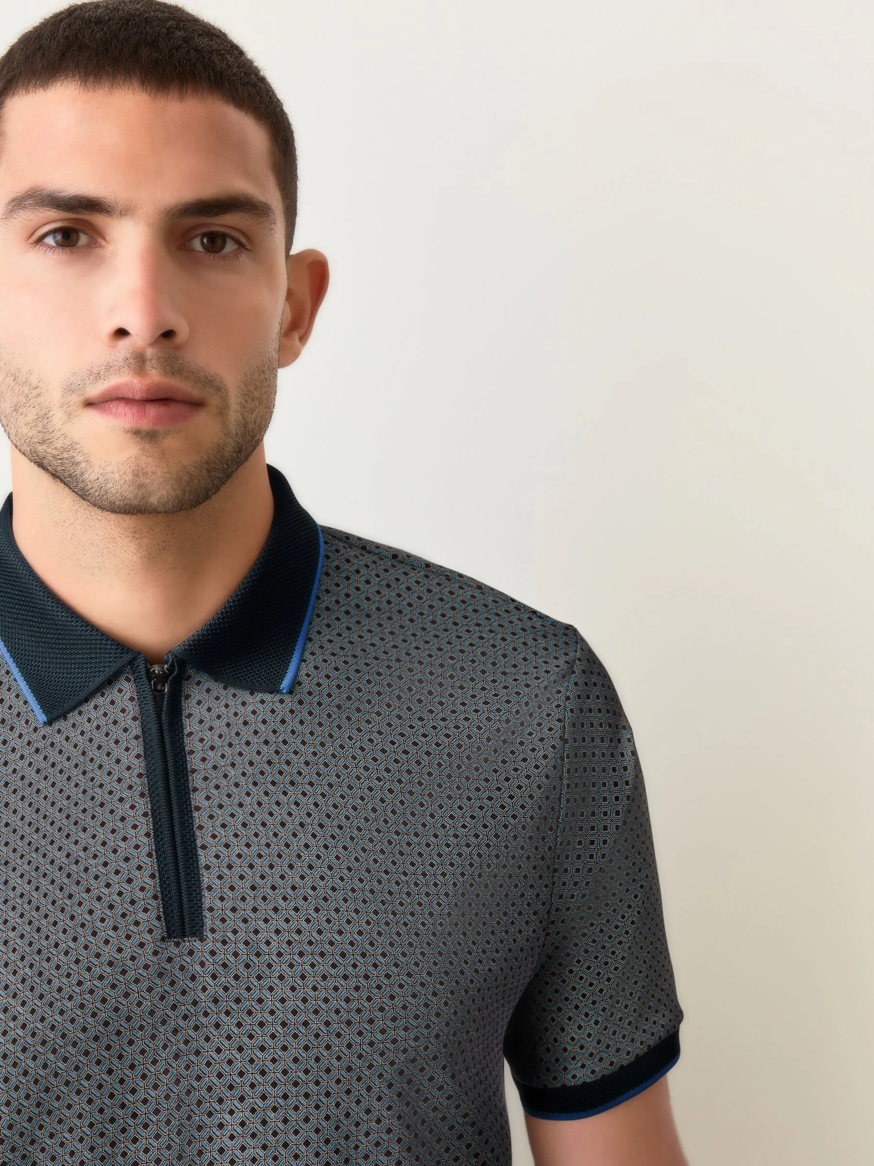 Blue marineblauw met geometrisch motief - Pattern Quarter Zip Polo Shirt