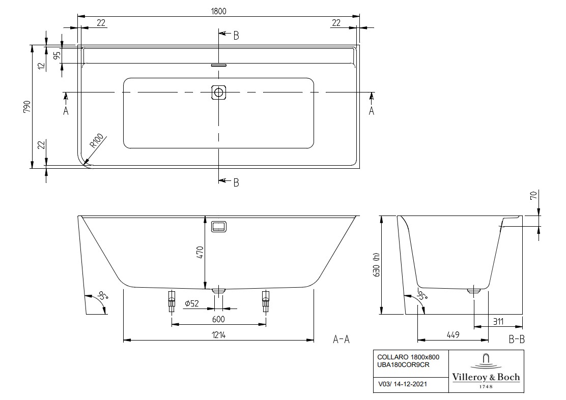 Villeroy & Boch Collaro half vrijstaand rechts ligbad 180x80cm wit met gouden afvoerplug