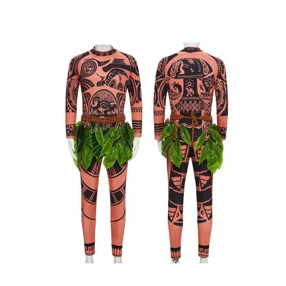 (190cm) Fasnachts Erwachsenen Kostüm Maori Hawaiianer Verkleidung für Motto Partys / Halloween inkl. Blätterrock - Braun / Schwarz