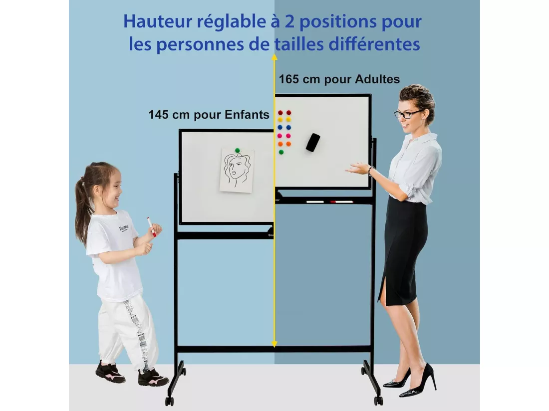 Tableau Blanc Magnétique 120x60cm Double Face Réversible 360° Mobile 2 Hauteur Effaçable à Sec 12 Aimants 6 Marqueurs Blanc