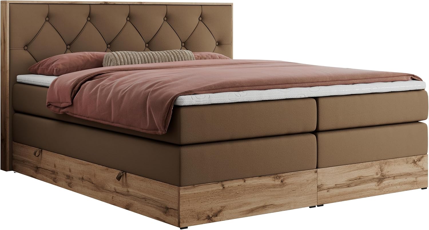 MKS MEBLE King Boxspringbett 180x200 mit Kopfteil und Bettkasten, Polsterbett mit Matratze H3 und Topper Visco, Wotan Eiche Dekor - Braun Kunstleder - Veneto King