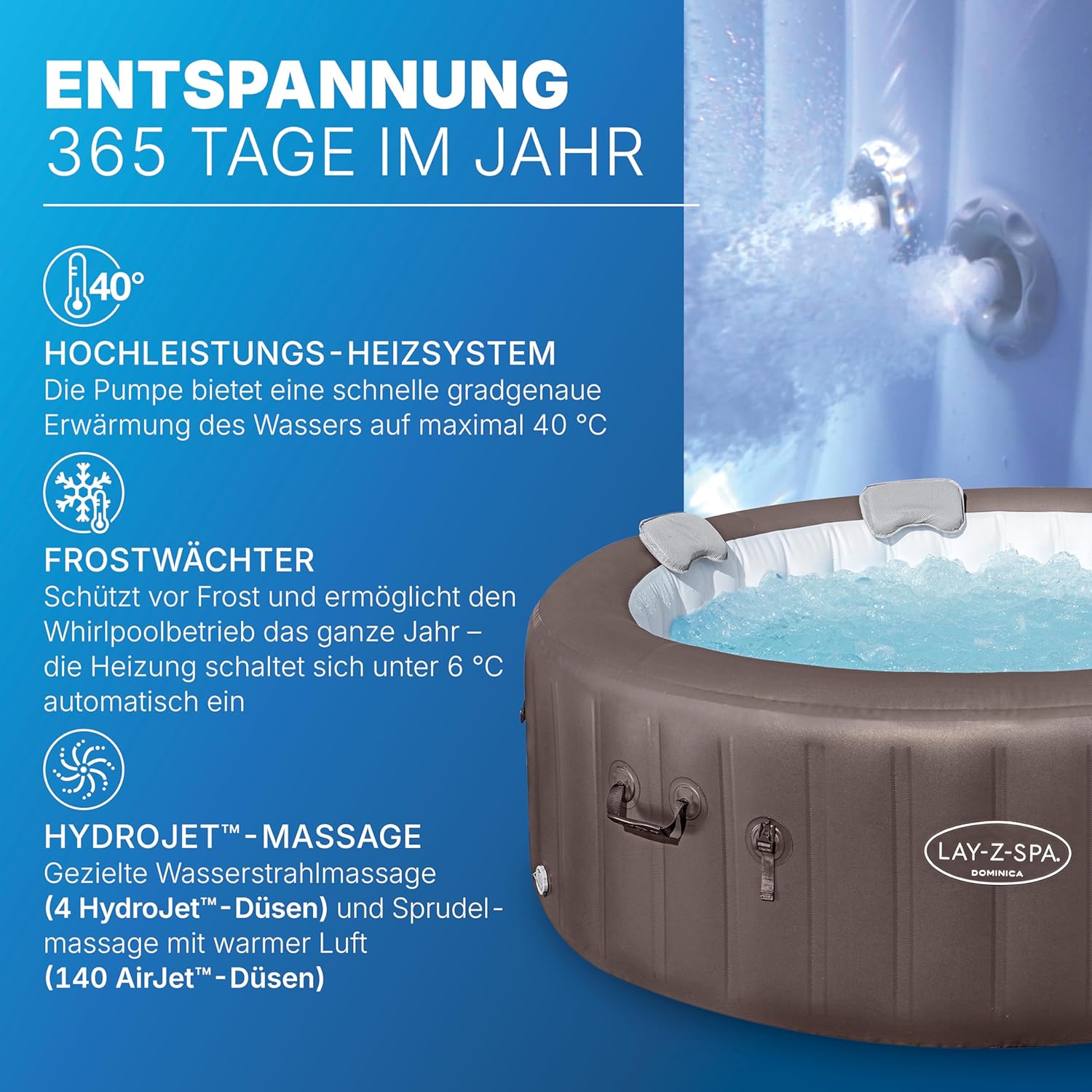 Bestway® Lay-Z-SPA® Energiespar-Whirlpool Dominica HydroJet™ mit App-Steuerung, für 6 Personen Ø 196 x 71 cm, Urbanbraun