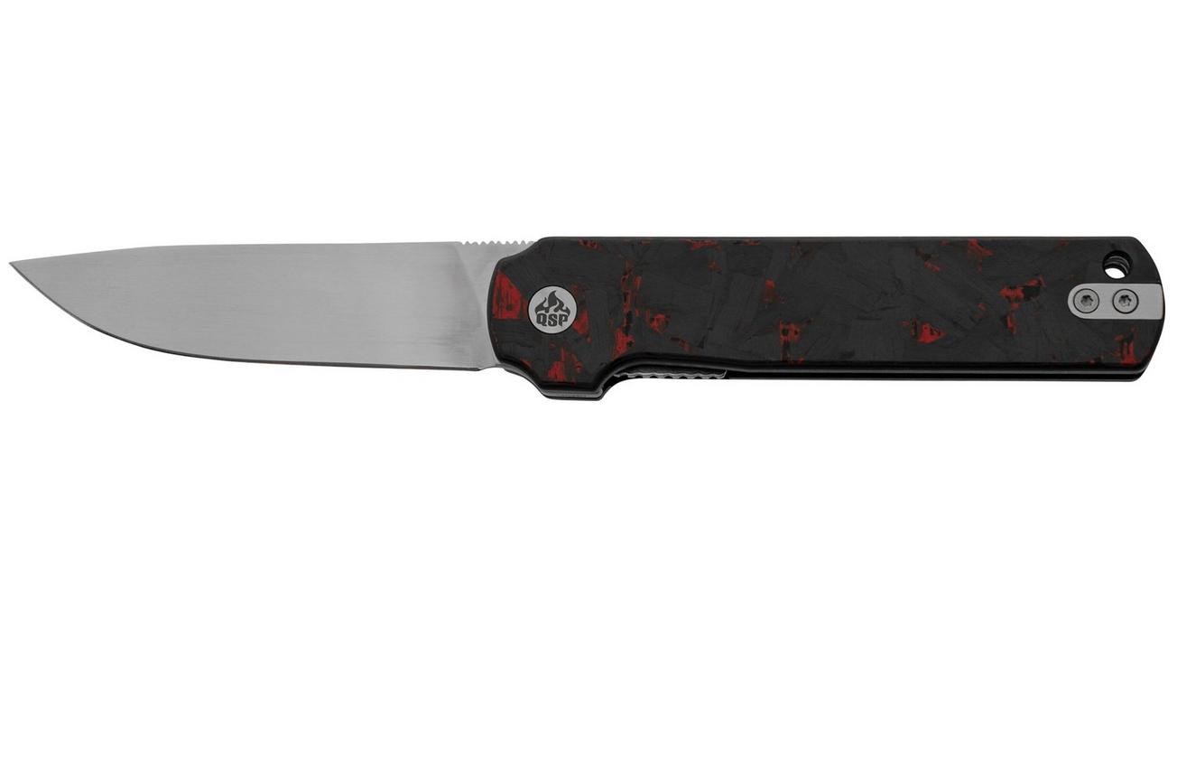 QSP Knife Lark QS144-D, Shredded CF Overlay Red G10, Satin 14C28N, zakmes