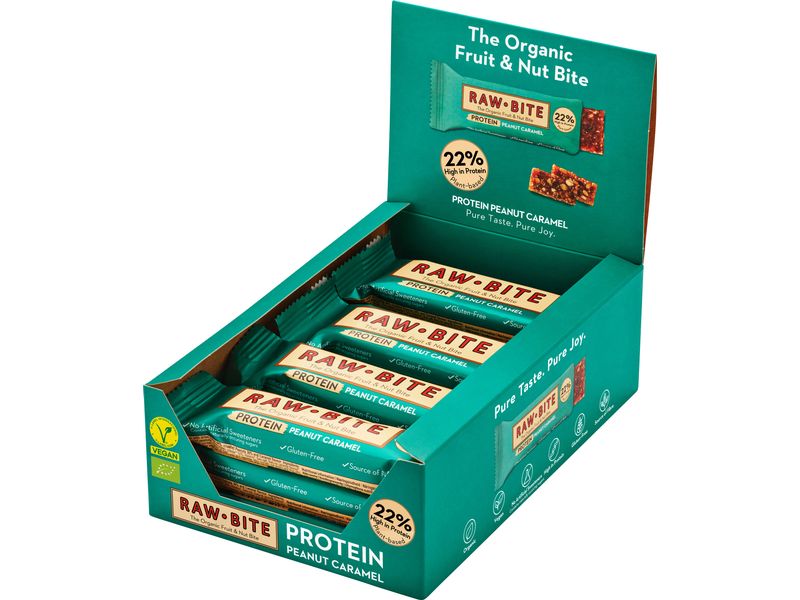 Rawbite Rohkostriegel Protein Peanut Caramel, 12 x 45g Leckerer Rohkostriegel mit Peanut Caramel