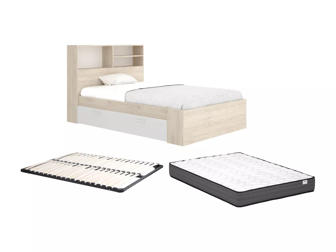 Lit 120 x 190 cm avec rangements - Coloris : Naturel et blanc + Sommier + Matelas - VARDIEL