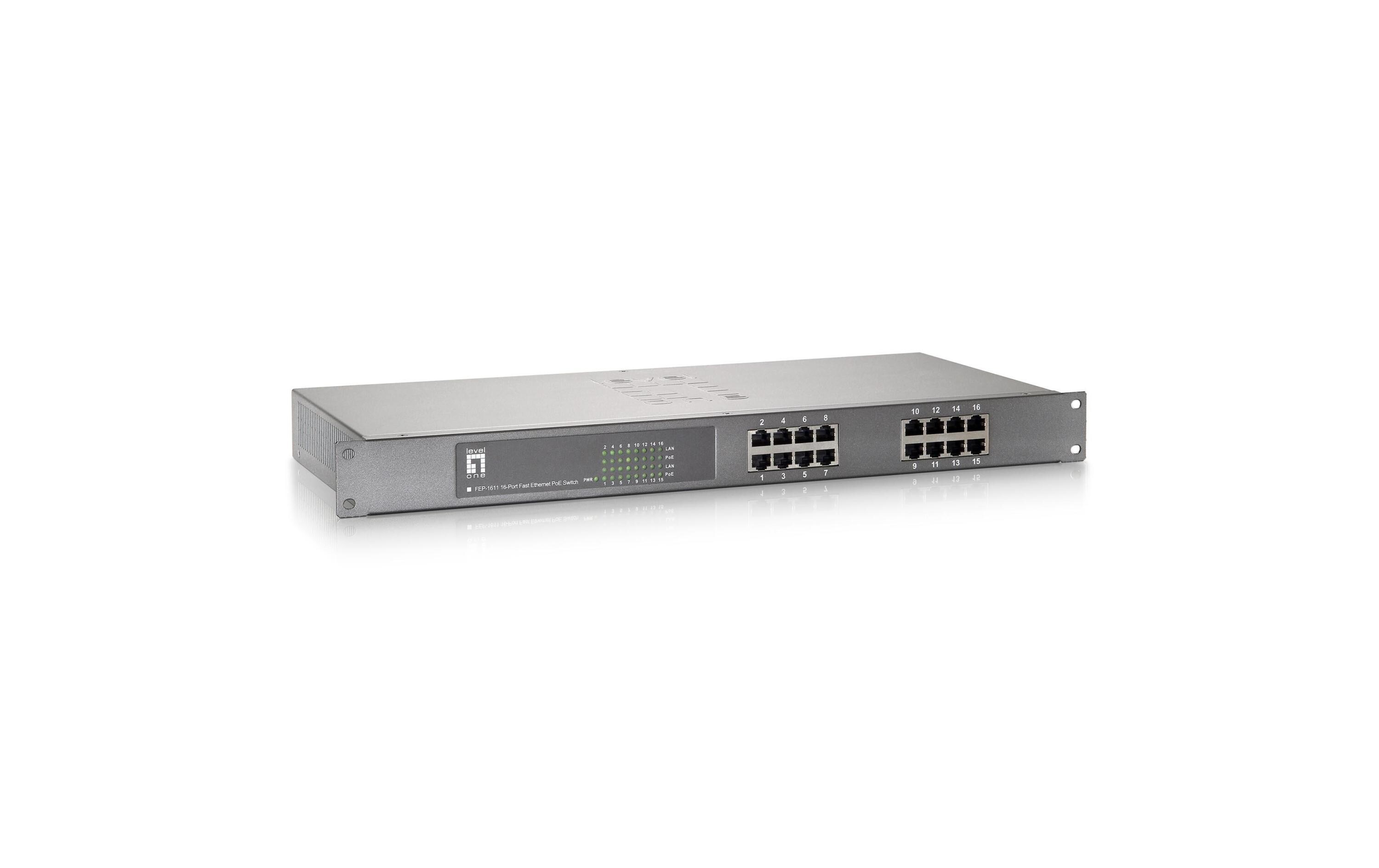 PoE+ Switch FEP-1611 16 Port<br>Unmanaged Switch, 16-Port, 10/100 Mbps
