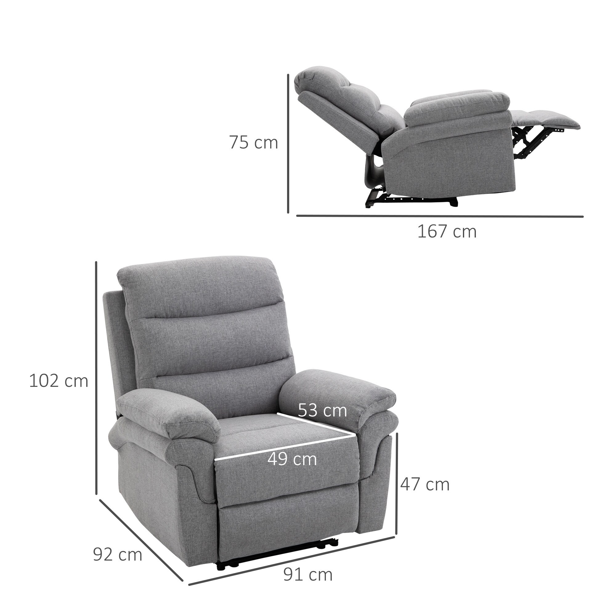 HOMCOM Ruhesessel mit Liegefunktion grau 91B x 92T x 102H cm