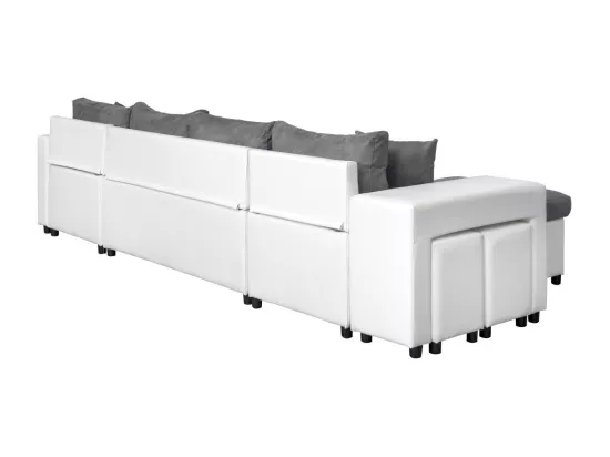 Canapé panoramique Oslo convertible avec coffres, poufs à droite - Simili/Microfibre - Blanc/Gris - L311 x P146 x H81cm - Loungitude