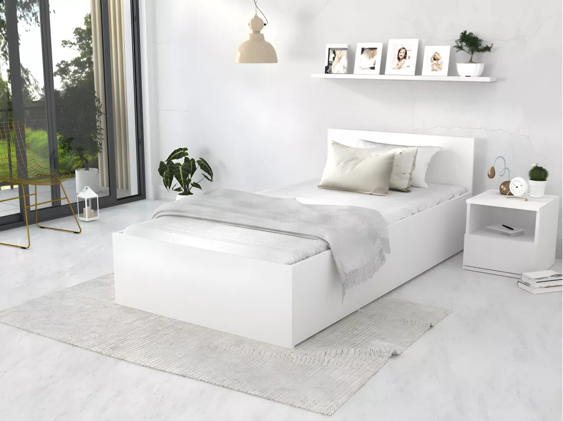 Lit Panama 90x200 + coffre - Sommier inclus Blanc