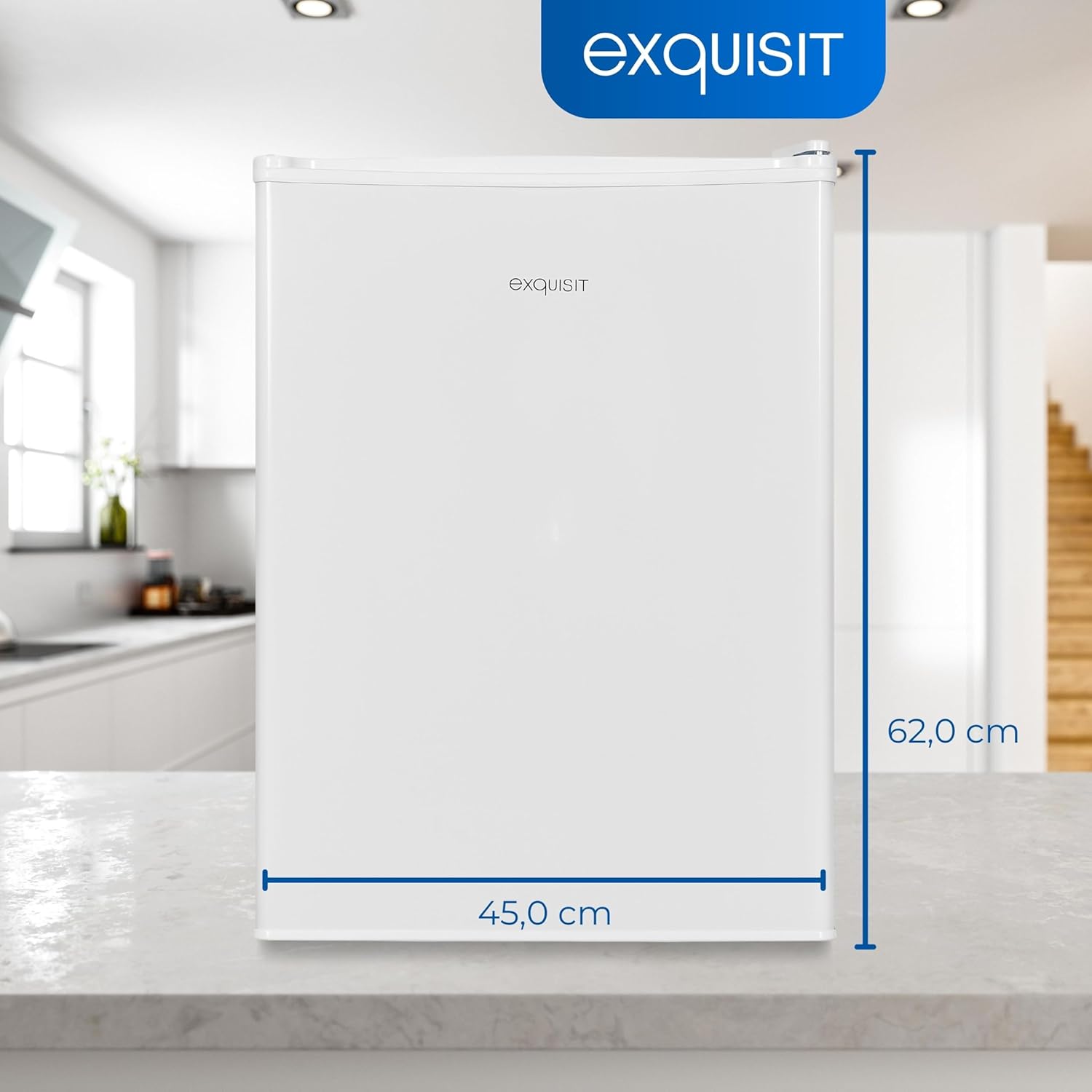 Exquisit Mini Kühlschrank KB60-V-090E weiss | 52 l Nutzinhalt | LED-Innenbeleuchtung | Glasablagen | 45cm Breite