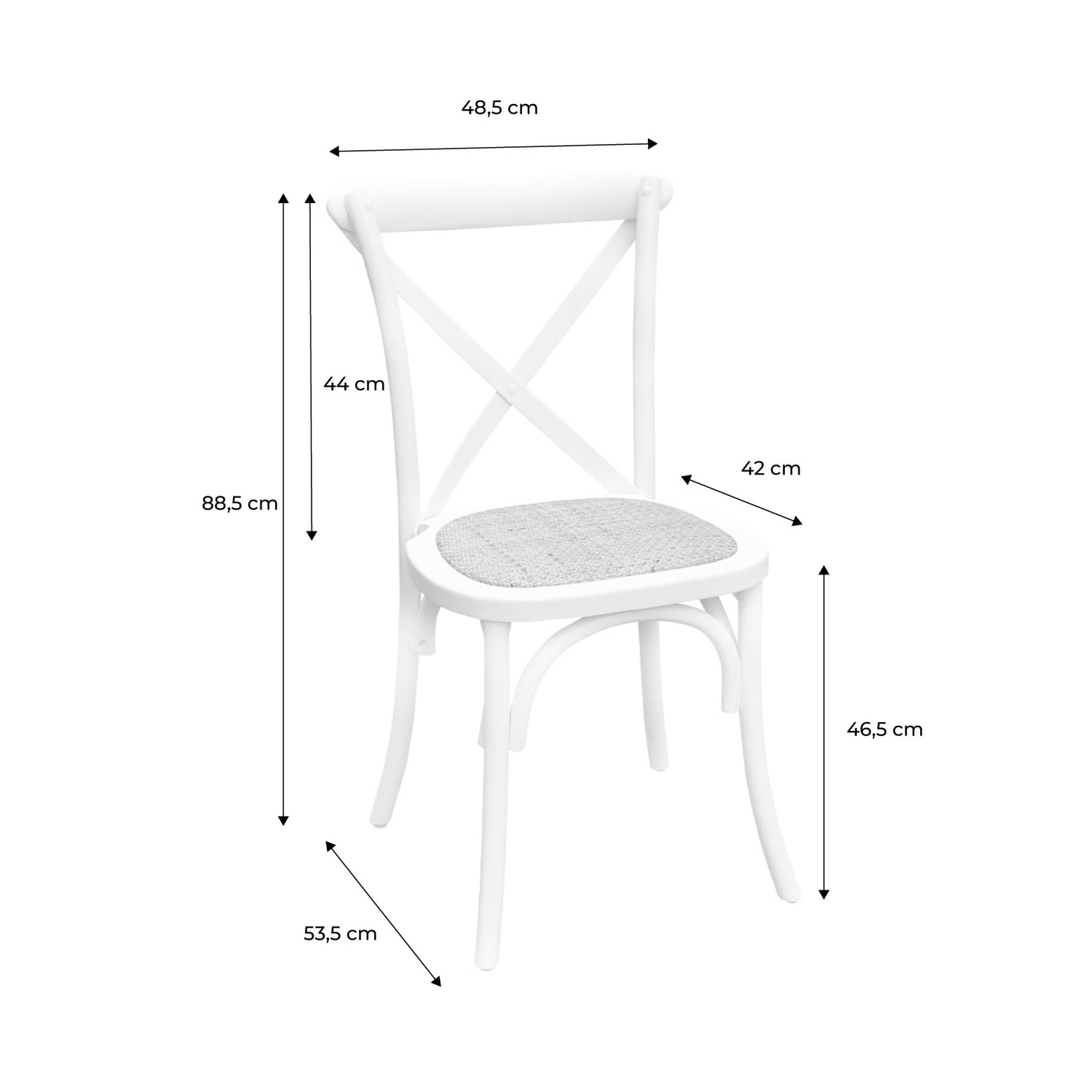 Lot de 2 chaises de bistrot en bois d'hévéa blanc. Vintage. Assise en rotin. Empilables
