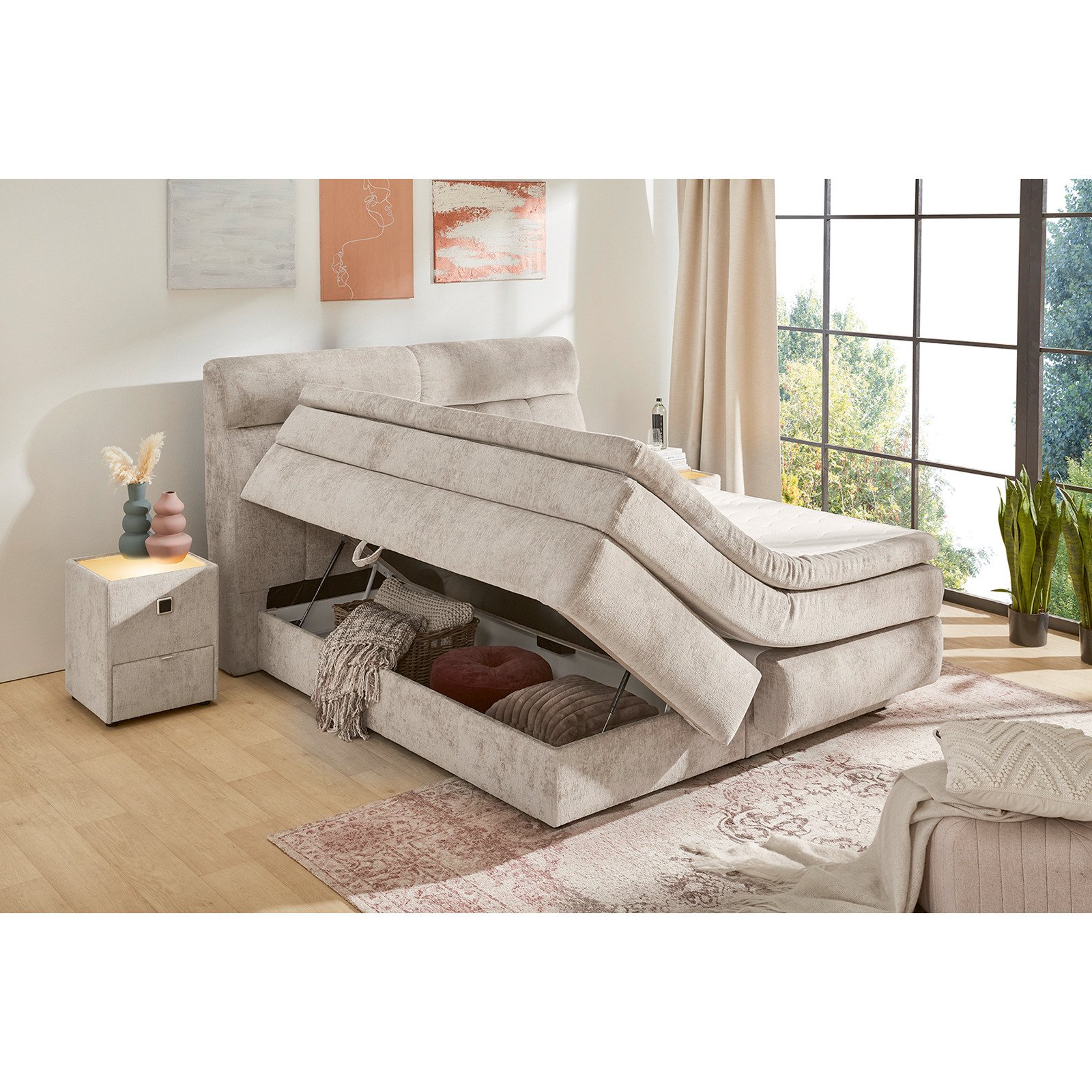 Boxspringbett Queen Stoff Chenille 180 x 200 cm, mit Bettkasten beige