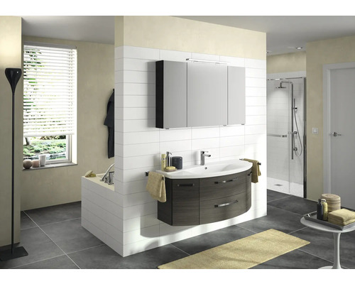 Badkamermeubelset Pelipal Serie 4010, afmetingen (B x H x D): 120,5 x 200 x 48 cm, fronten in grafietstructuur, 4-delige badkamermeubelset inclusief witte keramische wastafel, keramische badmeubel en spiegelkast met LED-verlichting.