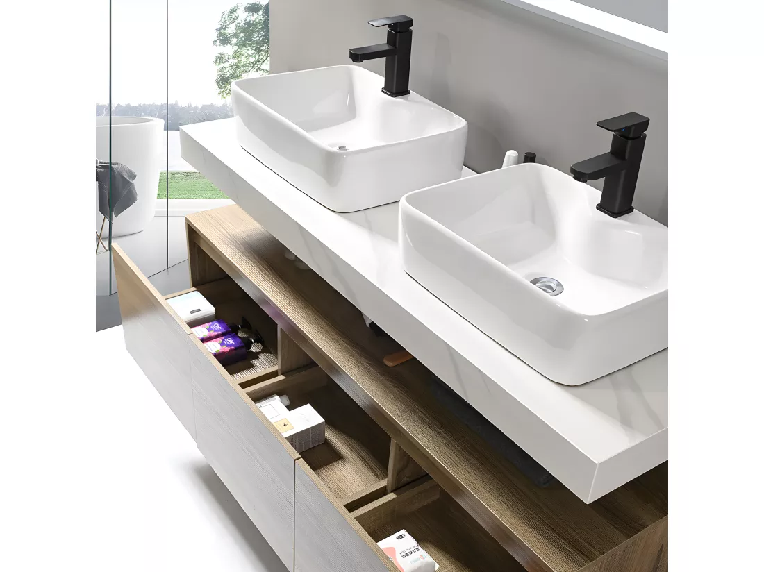 LuxuryBain - Meuble de salle de bain double vasque 140cm bois et effet marbre avec miroir led