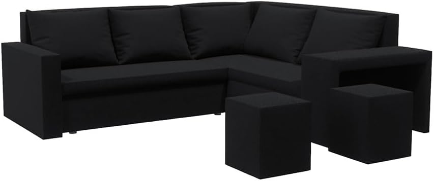 Kris L Ecksofa mit Schlaffunktion und Bettkasten, 220 × 203 cm L-Form Sofa, ausziehbar mit hochelastischem Schaumstoff und solidem Rahmen, Set mit 2 Hockern (Basic, Schwarz)