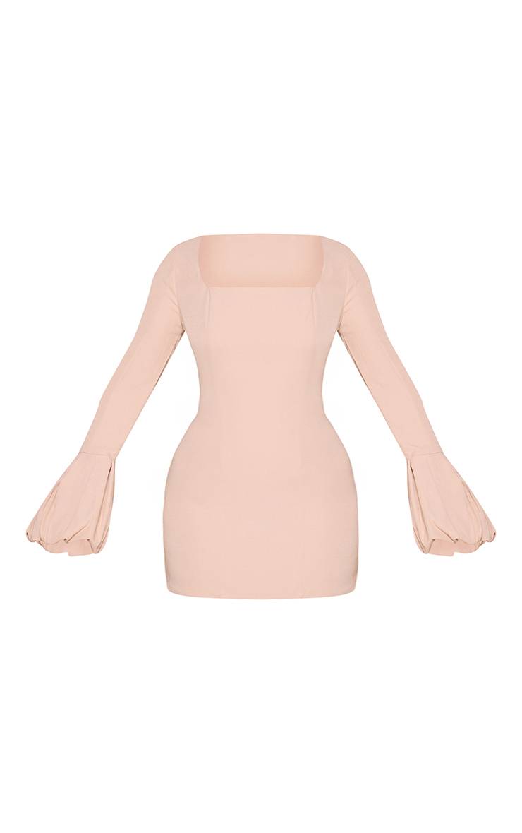 Gris Galet Robe Mini Moulante Tissée À Encolure Carrée Et Manches Bouffantes