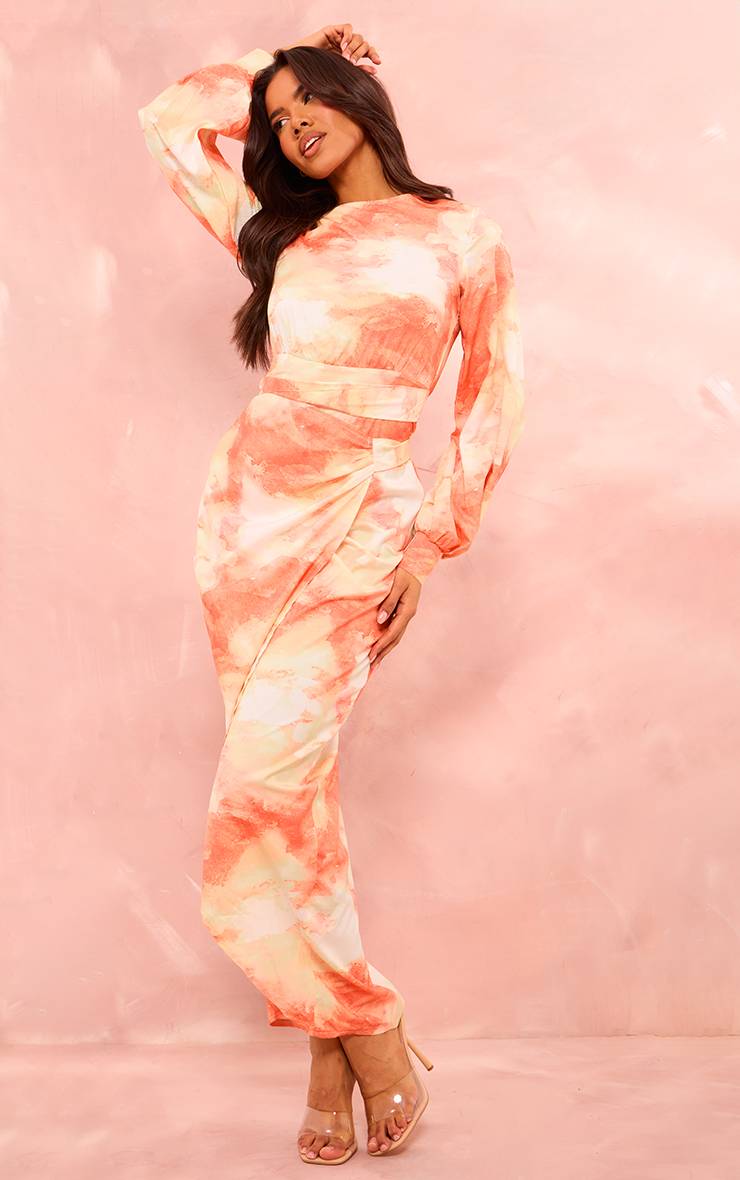 Orange Robe Maxi Portefeuille À Imprimé Aquarelle Avec Lien À Pompons