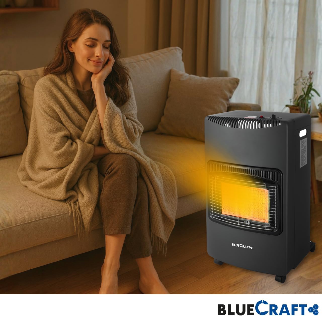 Bluecraft Gas-Ofen Heizofen in PREMIUM QUALITÄT Gasheizer für INNENRÄUME Infrarot Heizstrahler Notofen 4,2 kW | Camping-Heizung mit Haushaltsregler, Gasschlauch, Gasflaschenschlüssel, Lecksuchspray