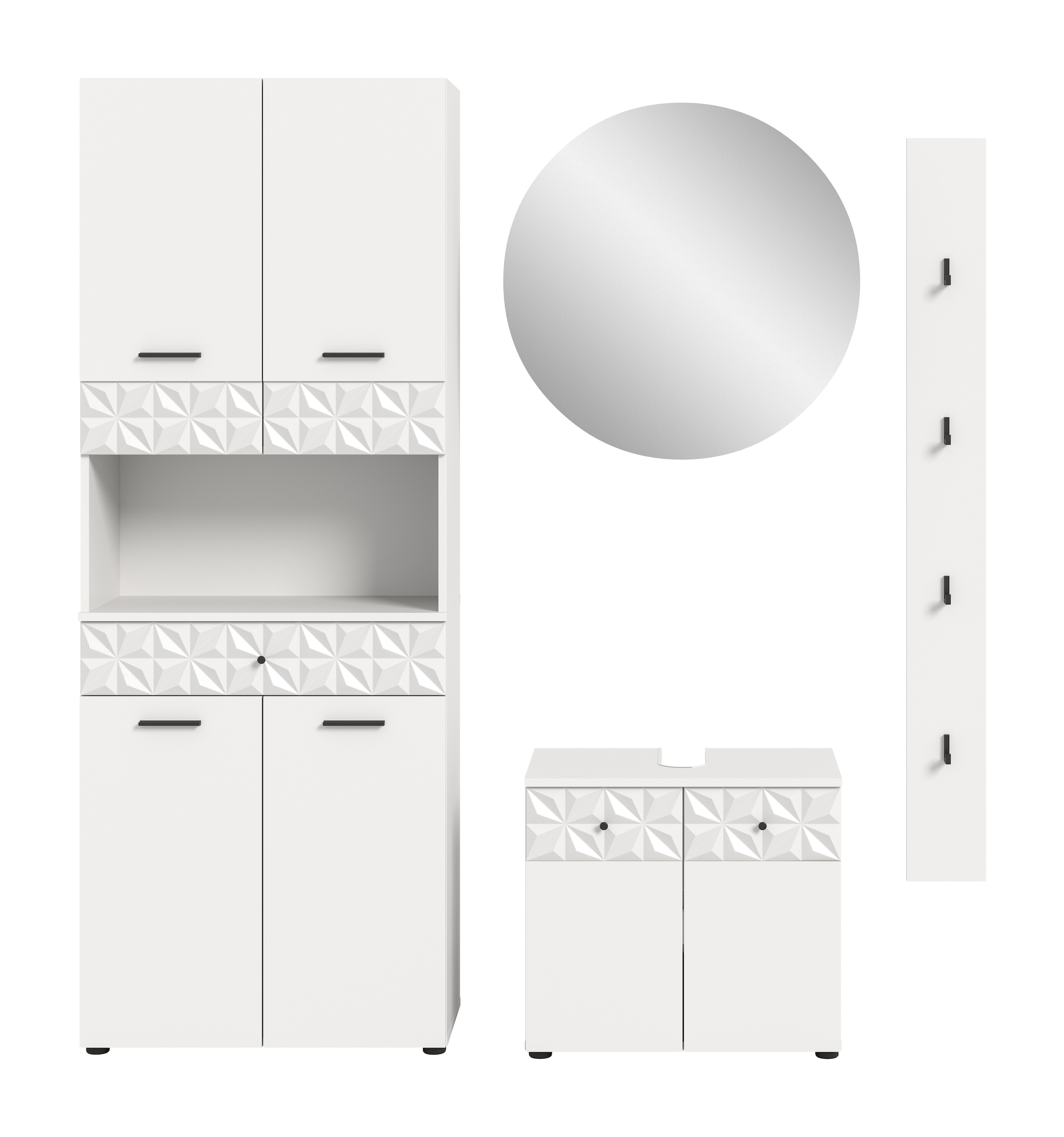 INOSIGN Badezimmer-Set »VICENZA, TOPSELLER!, Breite 176cm, 4-teilig, mit Ornamentabsetzung« Hochschrank, Waschbeckenunterschrank, Spiegelschrank und Hakenleiste,