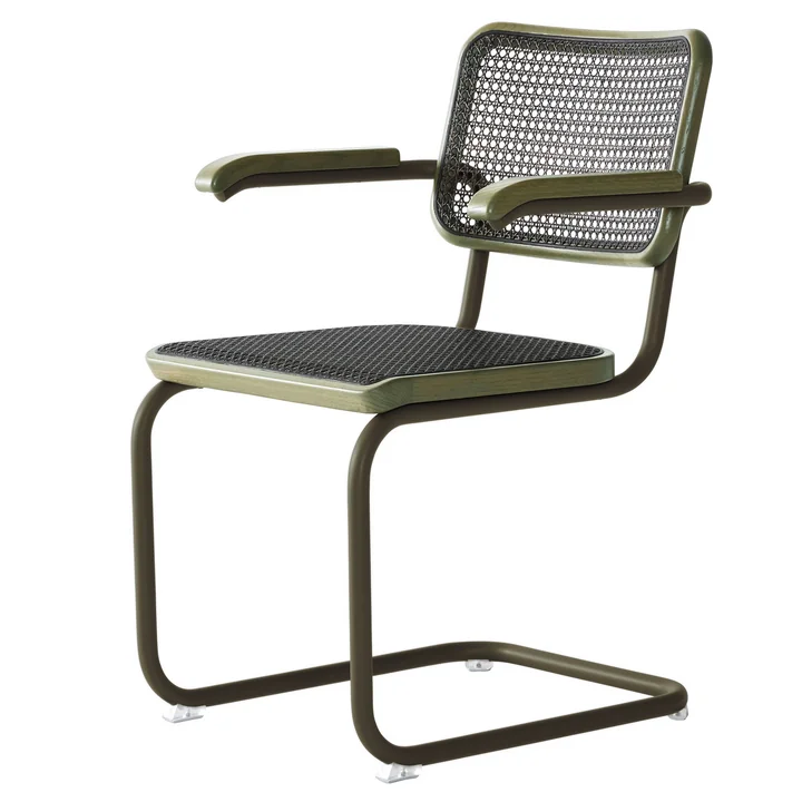 Thonet - S 64 V Armlehnstuhl, salbeigrün / Eiche gebeizt / Rohrgeflecht mit Kunststoffstützgewebe dark melange
