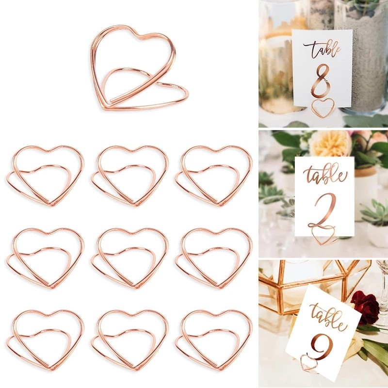 (10er Set) Metall Herz Tischkarten Halter Hochzeits Deko Namenskarten Sockel - Roségold