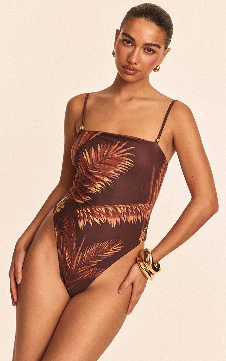 Chocolat Maillot De Bain À Bretelles Imprimé Palmiers