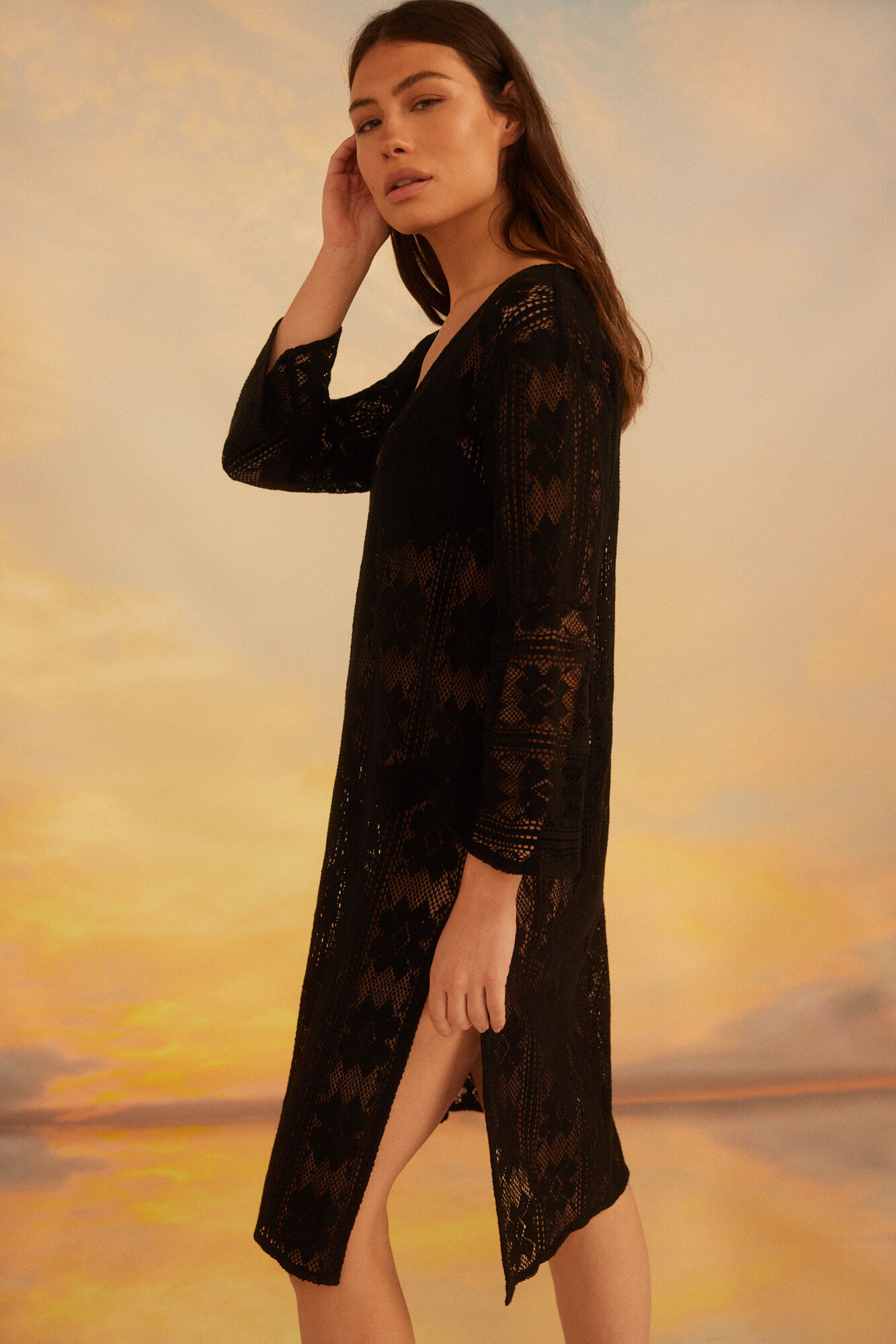 Caftan longo de crochê - Preto