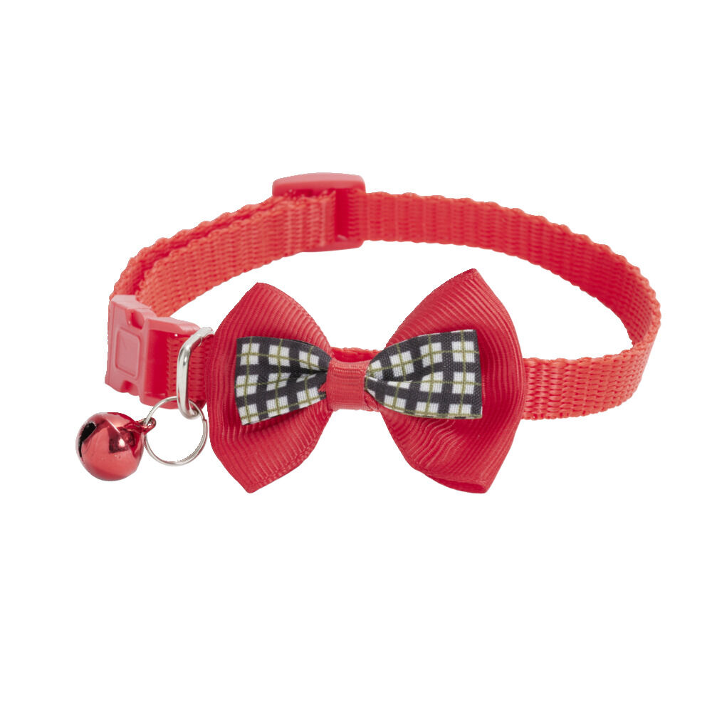 Collier pour chat ajustable clochette et noeud papillon rouge ou bleu