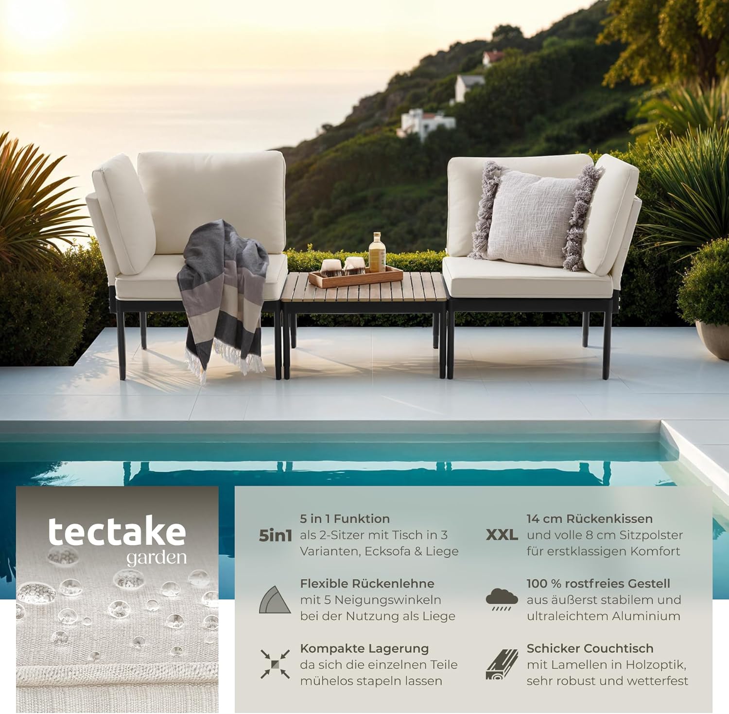 tectake® 5-in-1 Gartenlounge Set, Gartenmöbel mit Outdoor Kissen wetterfest, Lounge Sessel, Liege oder Gartenbank, Balkontisch, Balkonmöbel Kleiner Balkon, Lounge Möbel Outdoor, Terrasse, Holz Optik