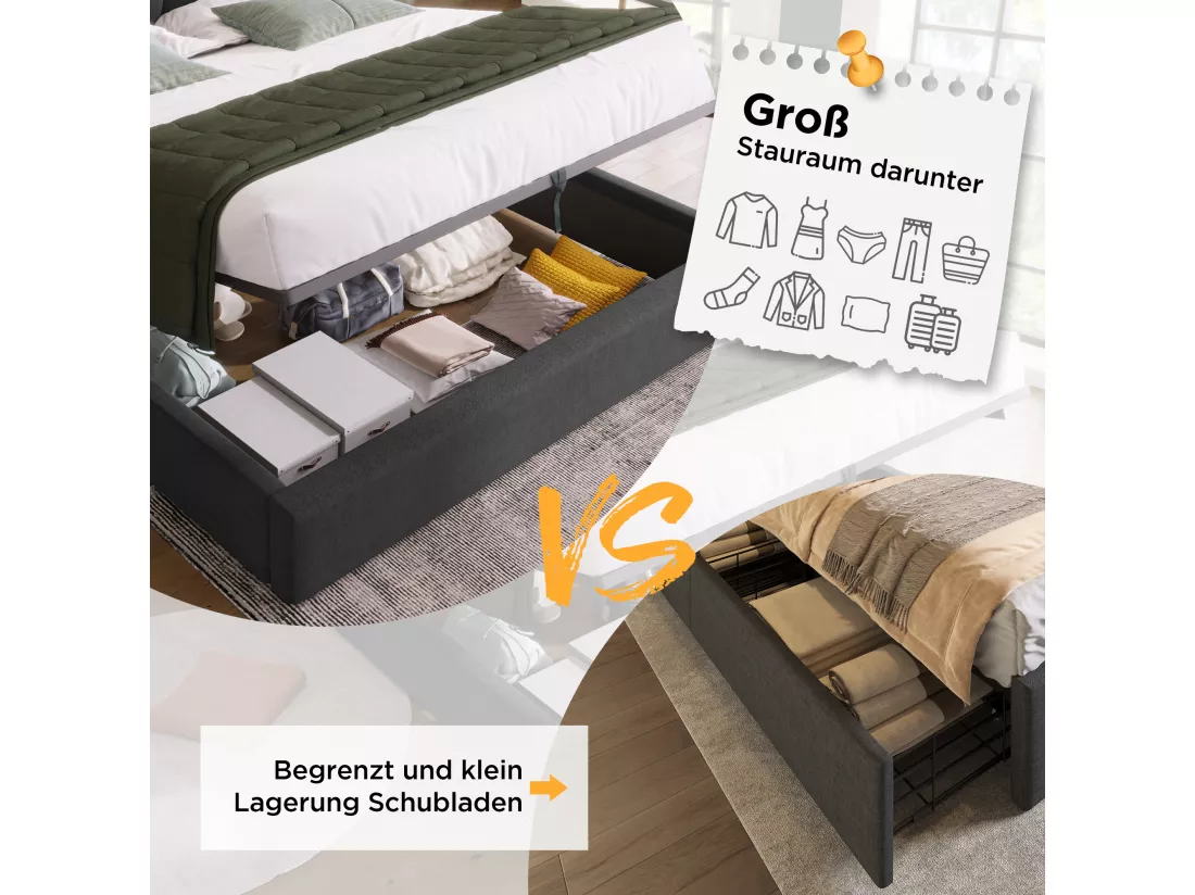 Lit coffre 90 x 200 cm avec tête de lit - Prises USB/Type-C - Tissu en lin - Gris (sans matelas)