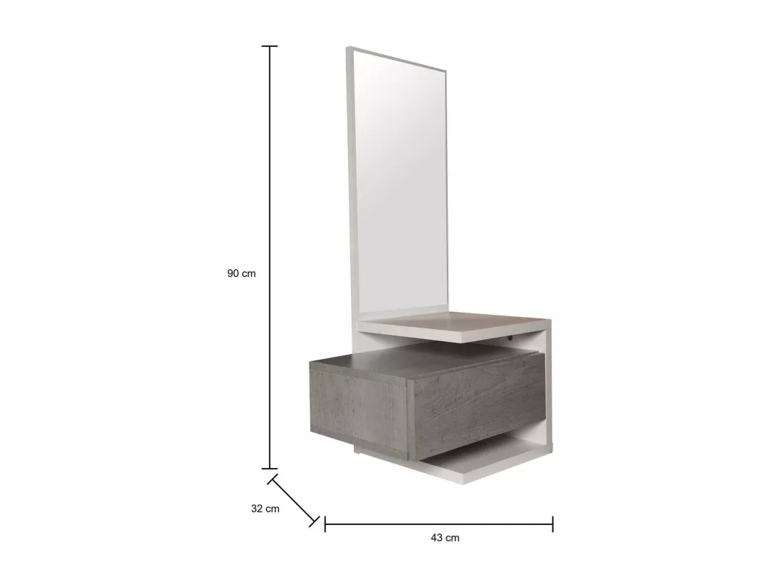 Meuble d'entrée avec miroir, entrée pour hall avec tiroir et étagère, Vide-poche pour petits appartements, 43x32h90 cm, Couleur Blanc et Béton