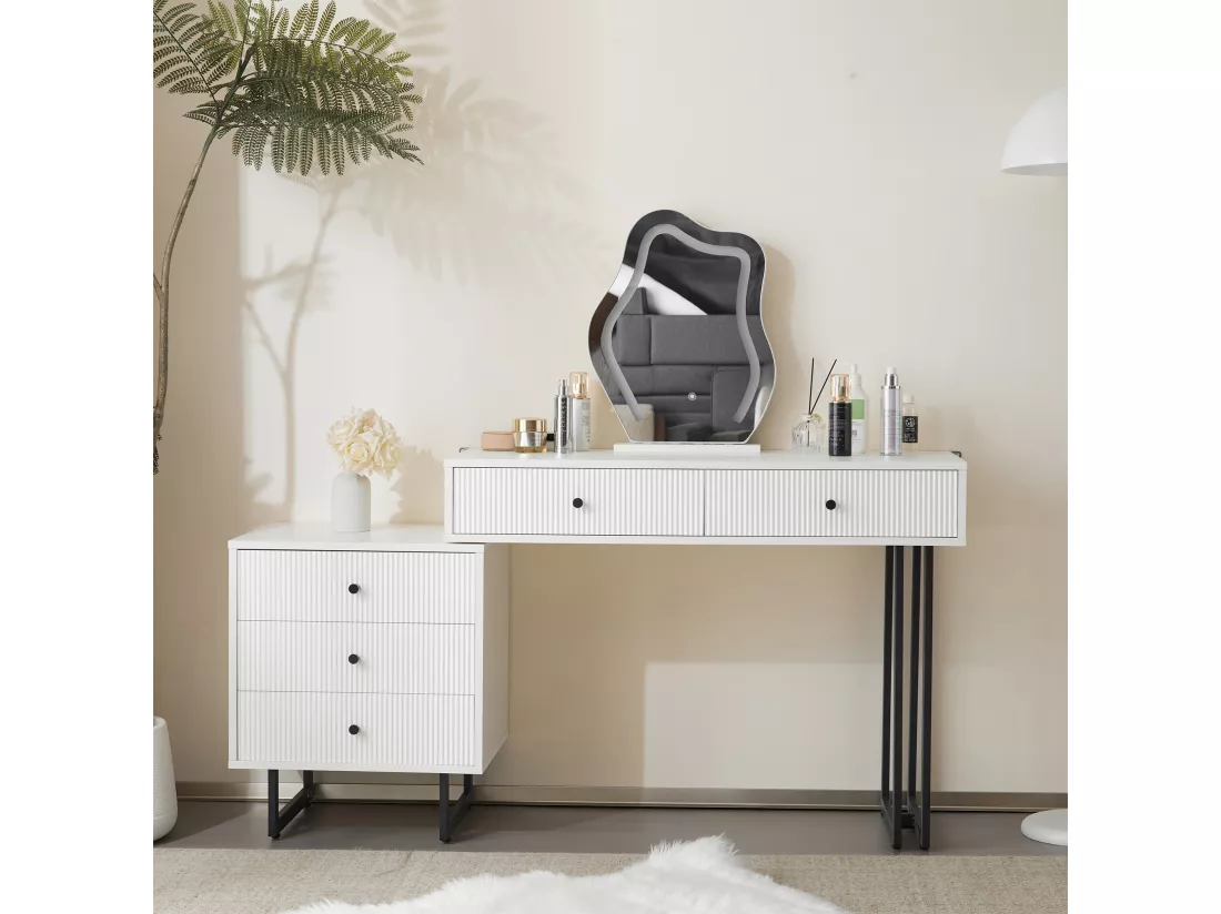 Coiffeuse avec miroir et 5 tiroirs - 100 x 40 x 76 cm - Panneau de particules - LEDs - Plateau extensible - Blanc (sans tabouret)