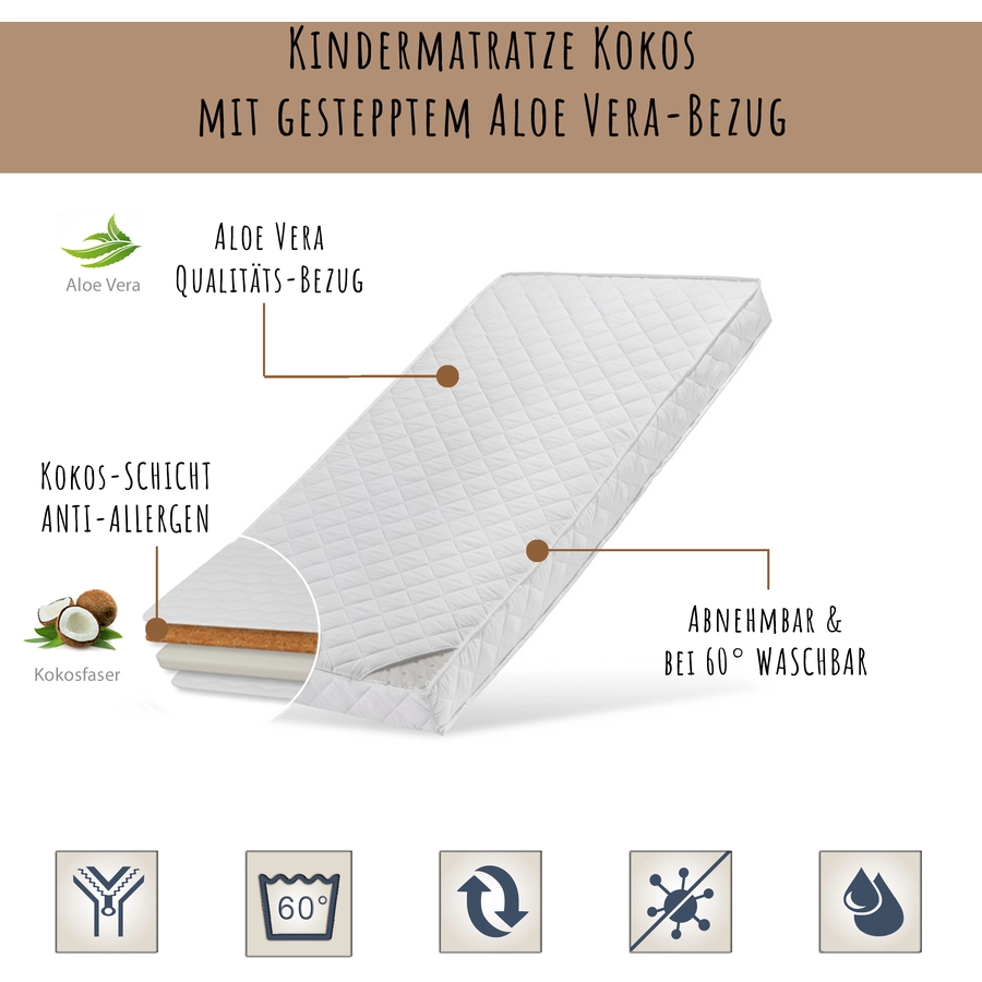 Kids Collective Babymatratze 60x120 cm KOKOS mit gestepptem Aloe Vera-Bezug10 cm hoch weiß ohne Spannbettlaken