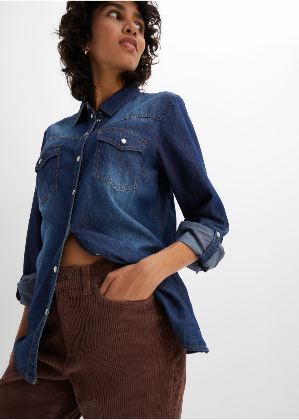Pantalon velours côtelé extensible, Straight avec fente