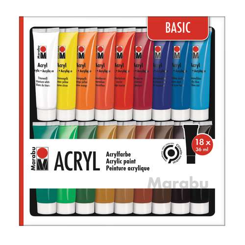 MARABU Acrylfarben Set BASIC, 18 x 36-ml-Tuben