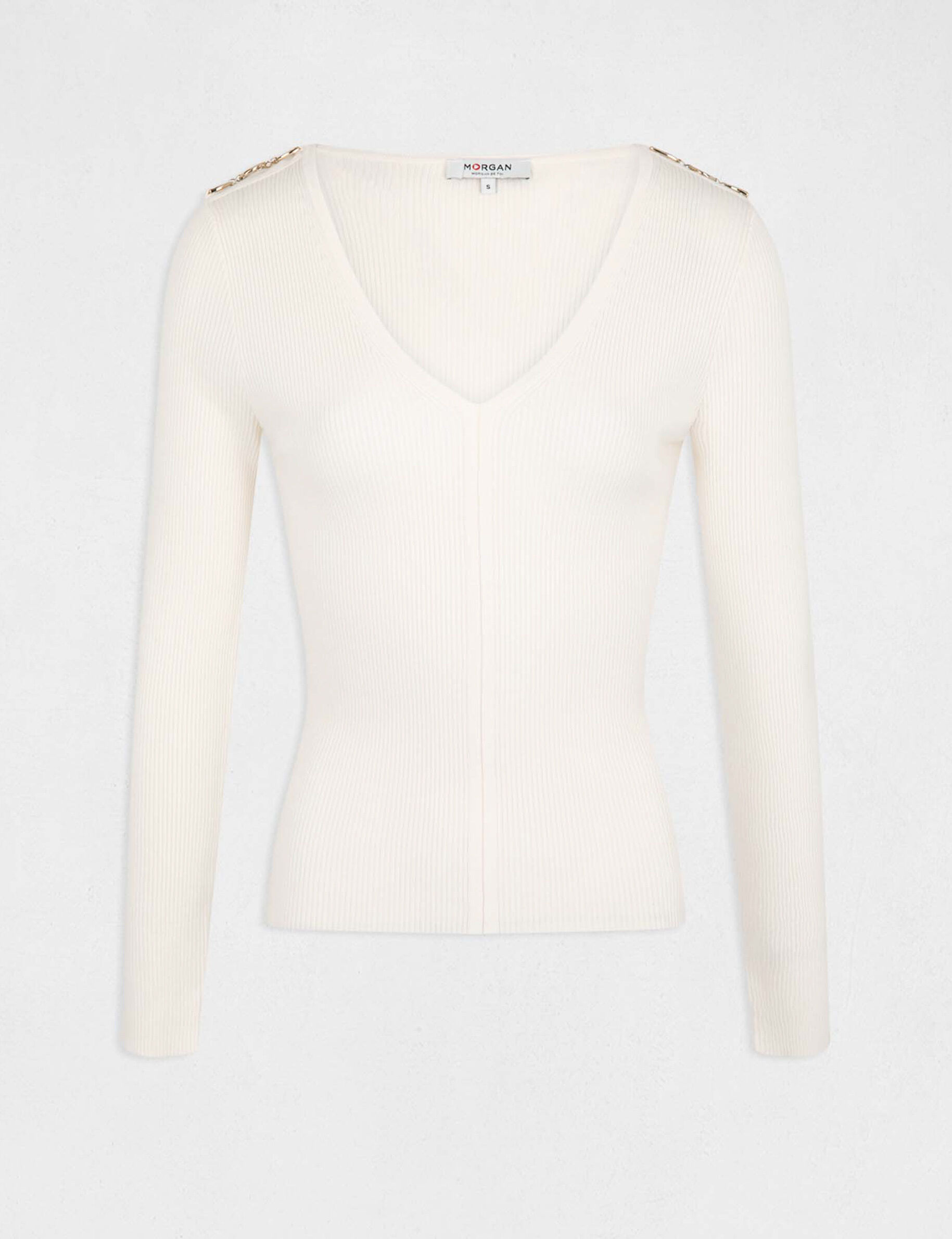 Pull manches longues avec col en V ivoire femme - ivoire