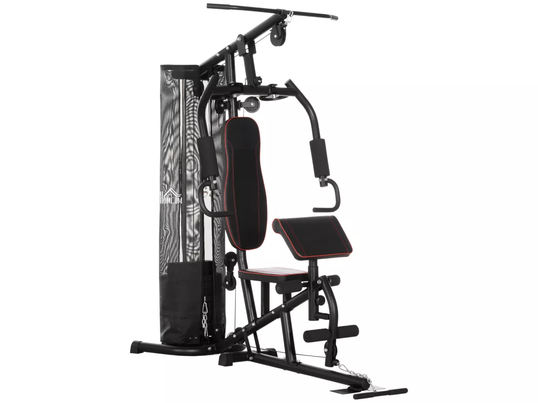 Station de musculation - entrainement complet - développé couché, butterfly, barre latissimus, curler, bande résistance, 10 contrepoids - acier noir rouge