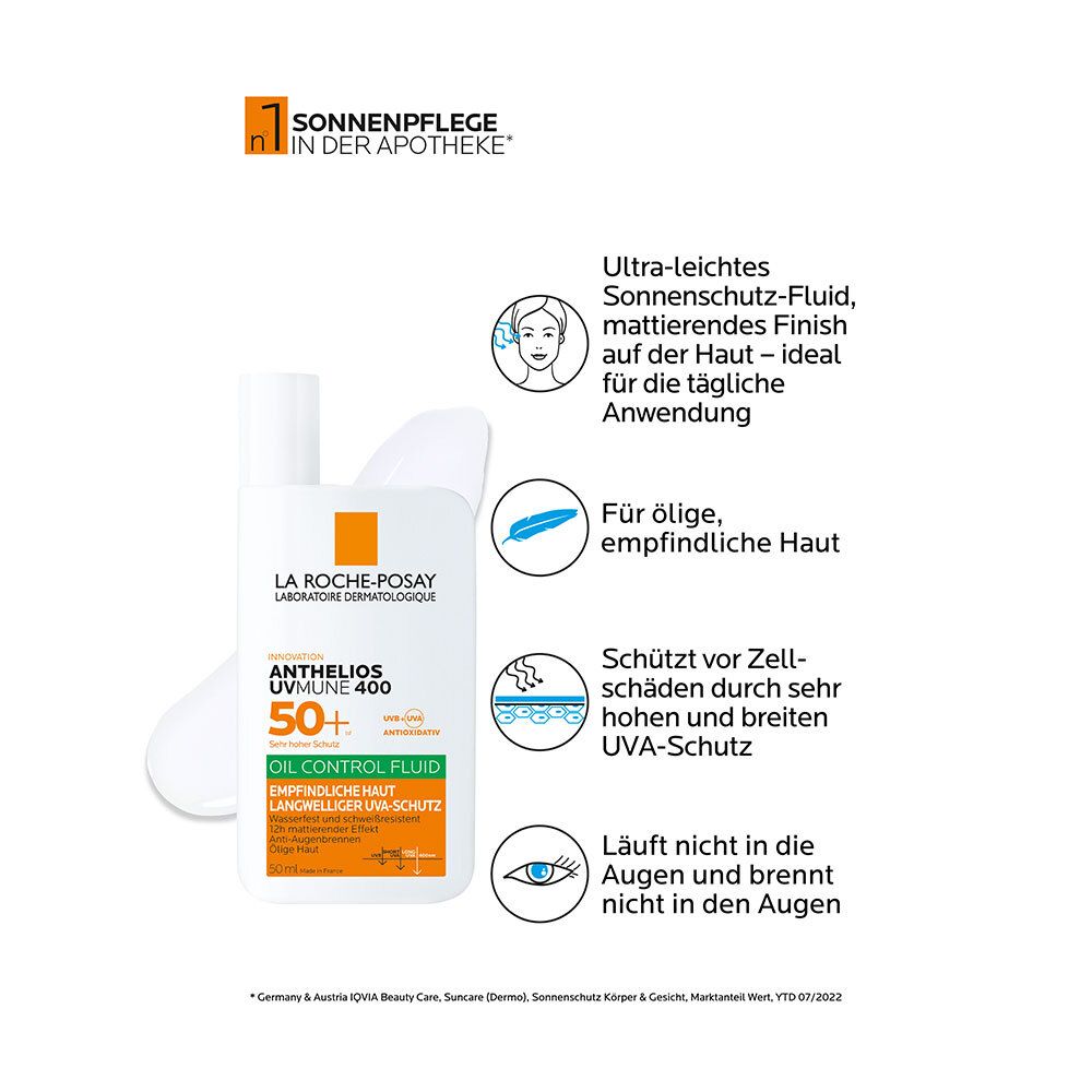 La Roche Posay Anthelios UVMUNE 400 Oil Control Fluid Sonnenschutz für empfindliche Haut mit sehr hohem UV-Schutz LSF 50+. Für ölige Haut geeignet
