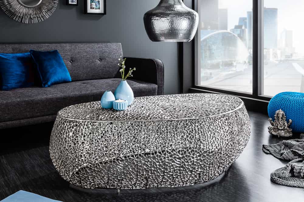 Design Couchtisch LEAF 130cm silber Metall-Aluminium-Legierung handmade