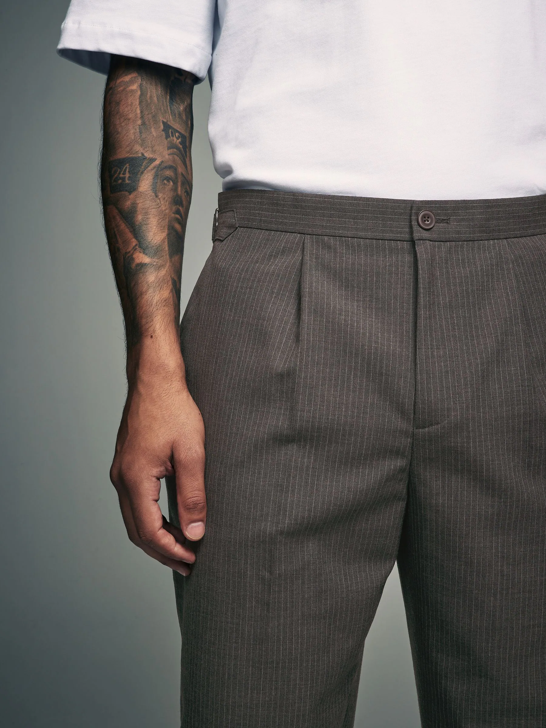 Bruin - Verstelbare gestreepte wollen blend broek met zijverstellers