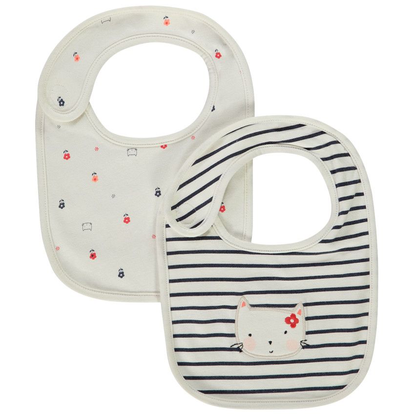 Lot de 2 bavoirs bi-matières fantaisie pour bébé fille - Ecru