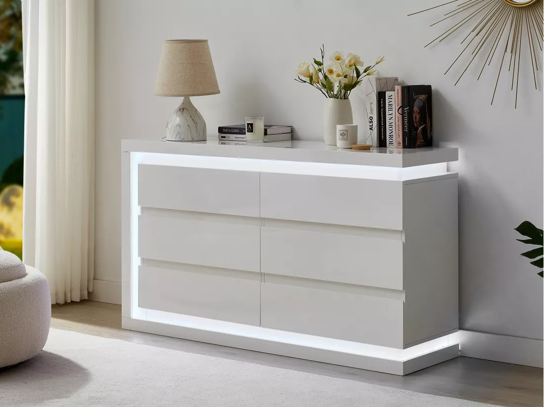 Commode 6 tiroirs - Avec LEDs - MDF - Blanc laqué - FLARANCIA