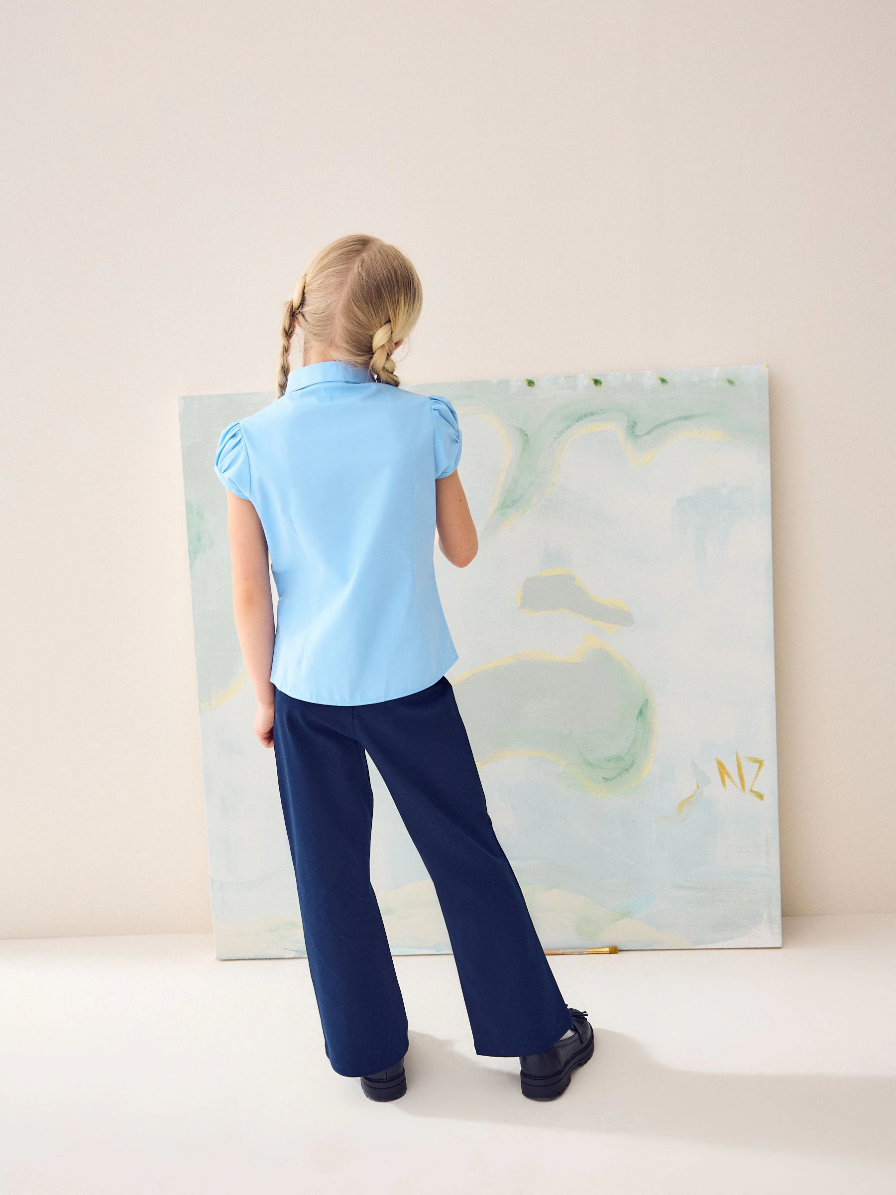 Blauw - Schoolblouse met pofmouwen (3-16 jr)
