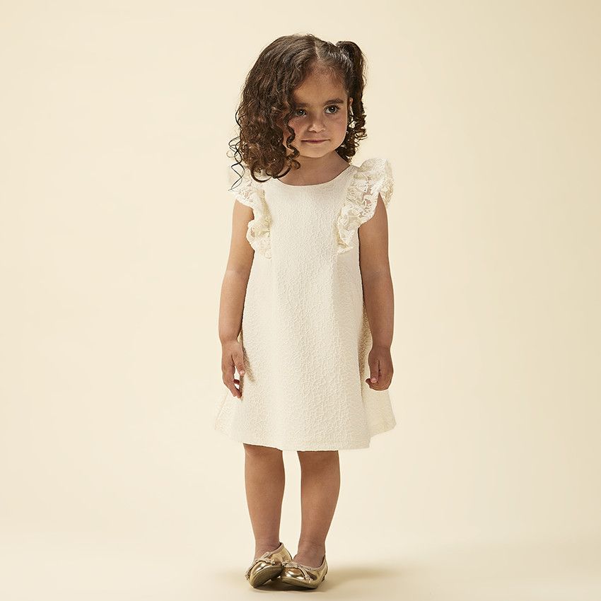 Robe de cérémonie en jacquard à manches brodées pour bébé fille - Ecru