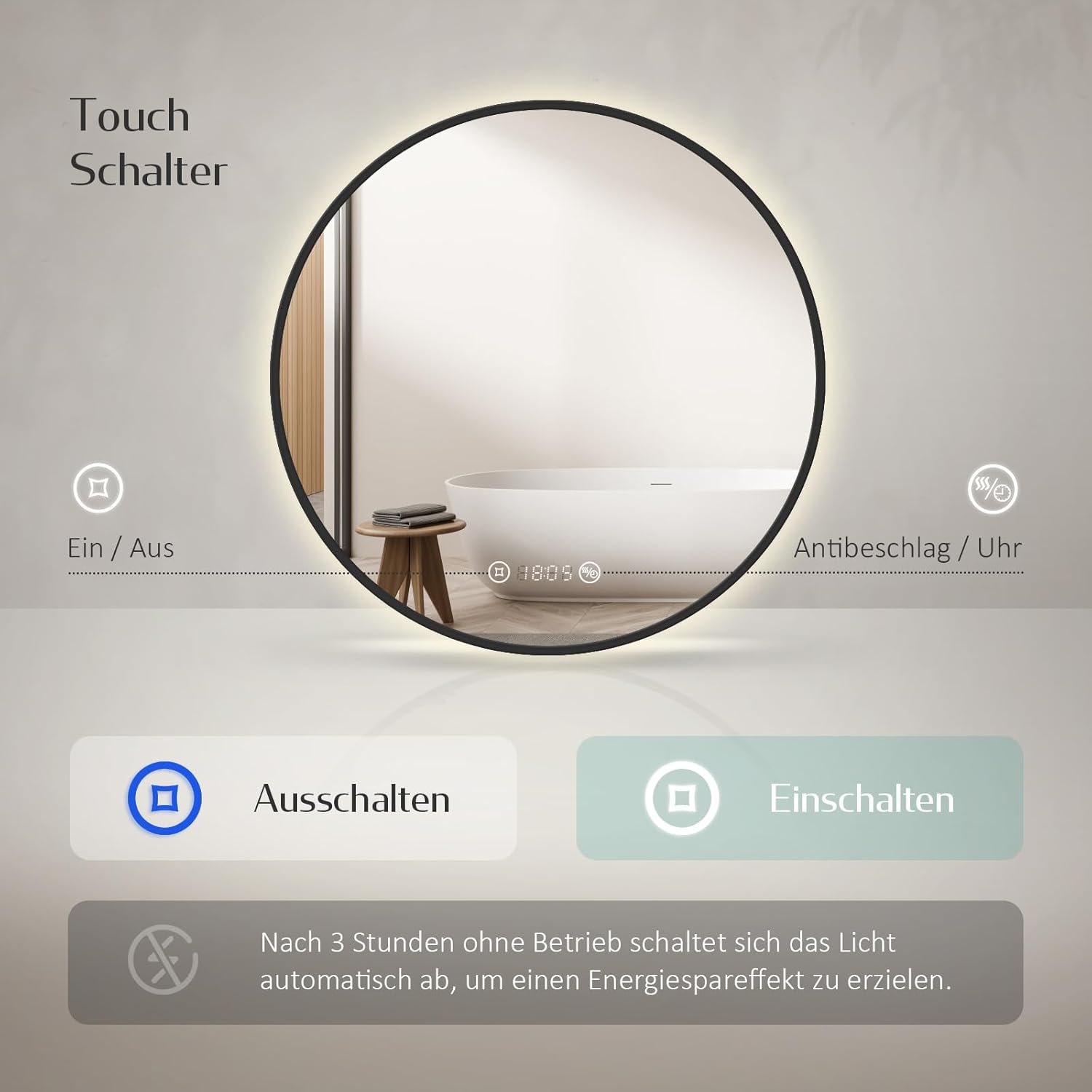 EMKE Badspiegel mit Beleuchtung rund 70 cm – Schwarzer Badezimmerspiegel mit Antibeschlag, Dimmbar, Uhr, Temperaturanzeige, Touch, Speicherfunktion, energiesparend Runder Spiegel