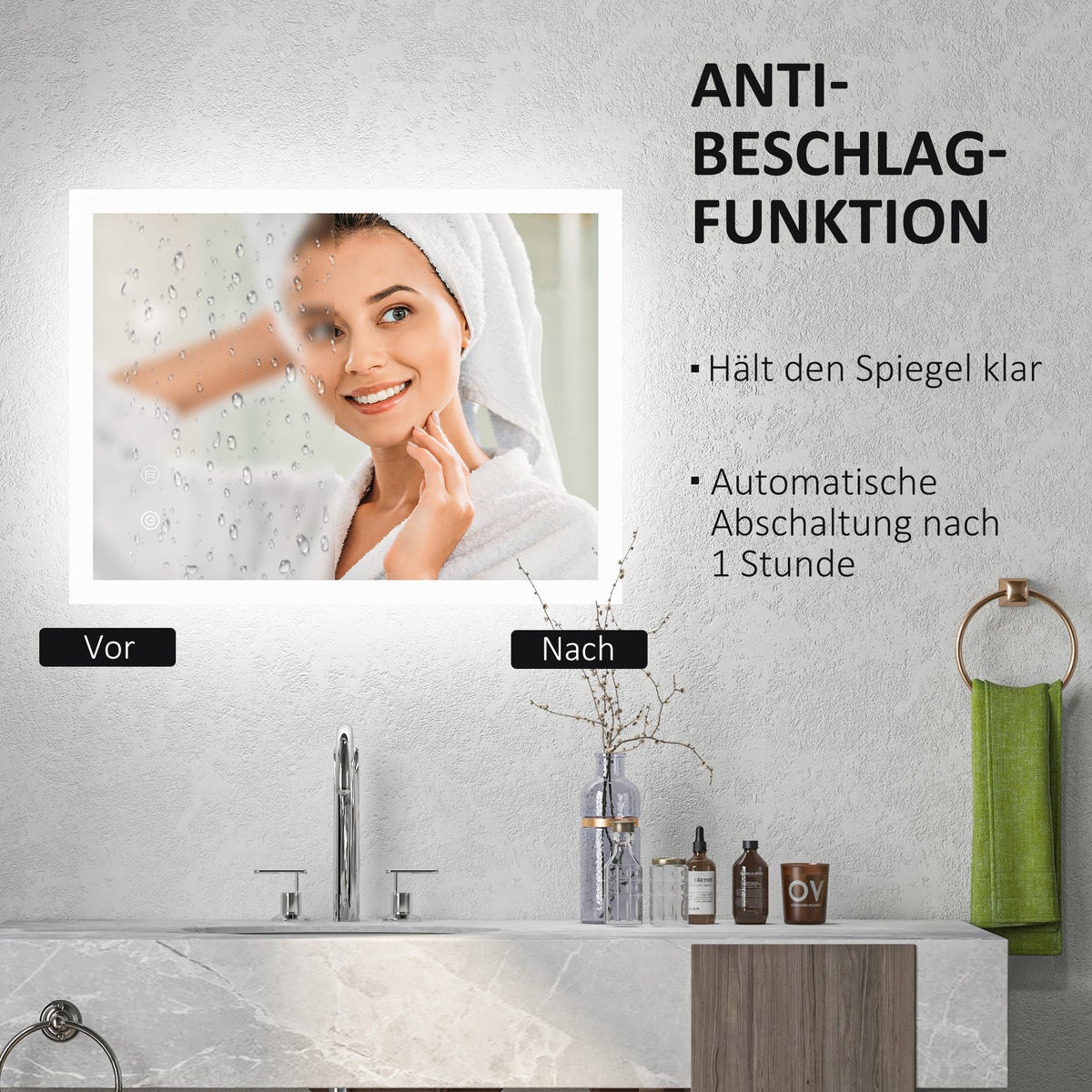 Kleankin badkamerspiegel, badkamerspiegel met LED-verlichting, lichtspiegel met aanraakschakelaar, geheugenfunctie, 80 x 60 cm condensvrije wandspiegel met 3 lichtkleuren, IP44 waterdicht