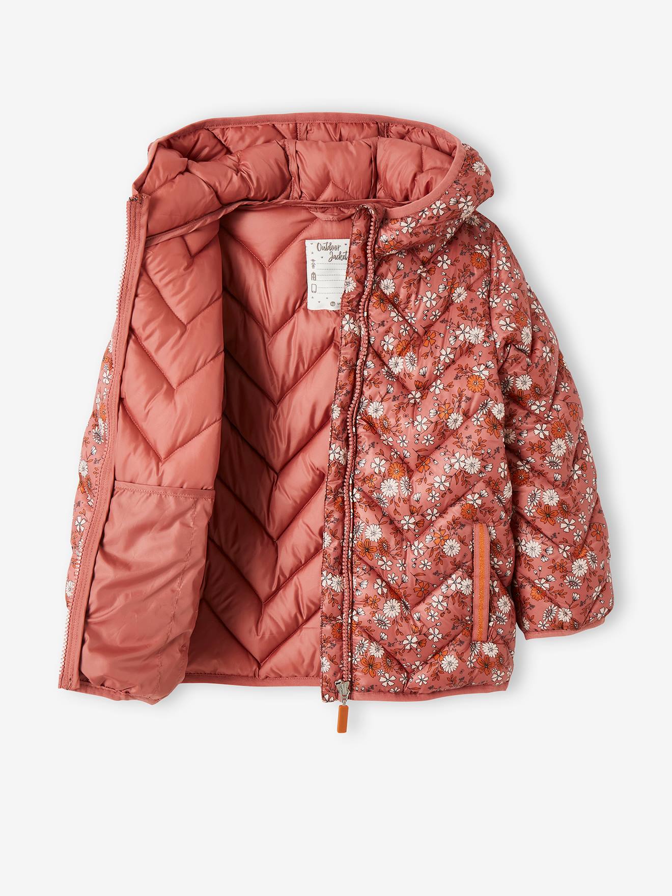Jaqueta acolchoada leve com capuz e detalhes iridescentes, para meninas, estampa amarela tamanho médio.