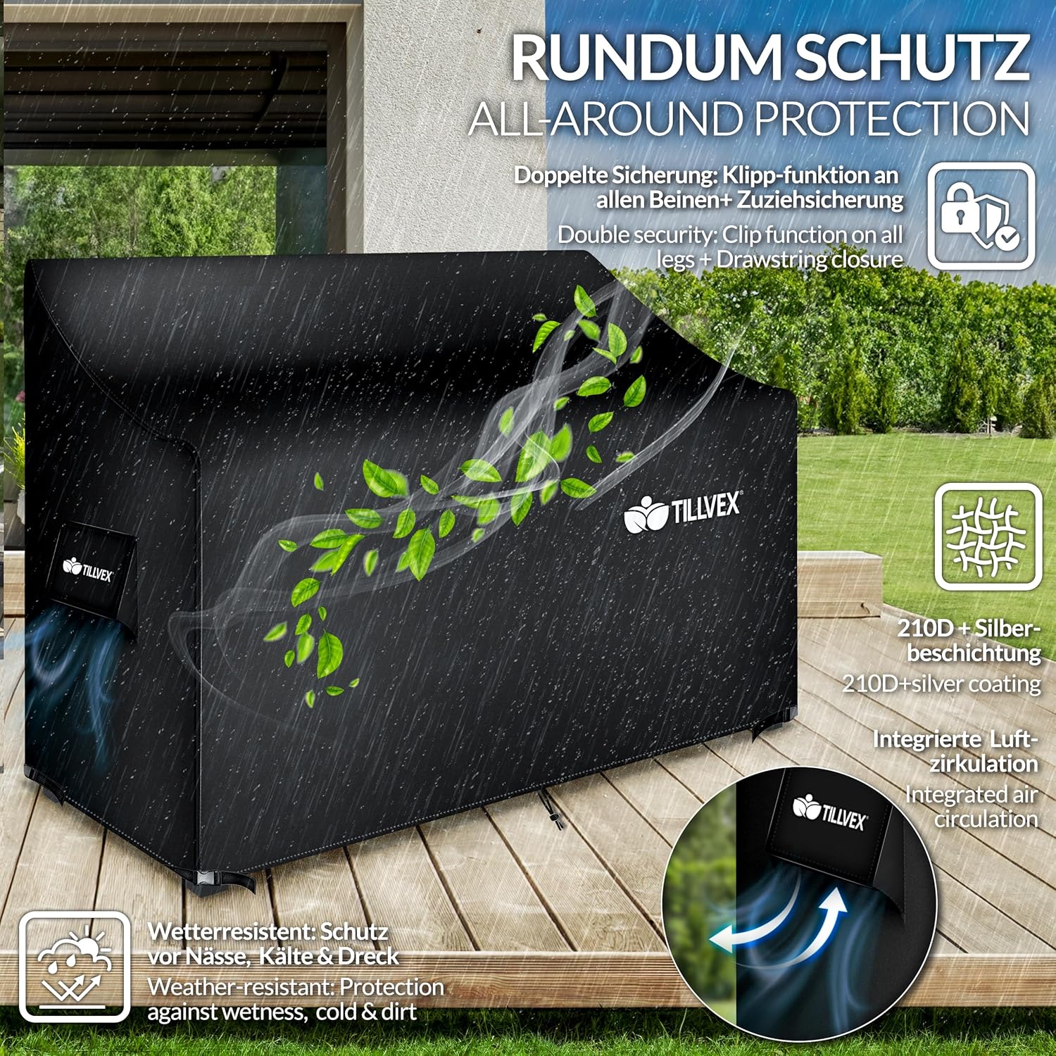 tillvex Gartenbank Holz 3-4 Sitzer inkl. Abdeckung wetterfest 150 cm | Parkbank Massivholz | Balkonbank Sitzbank 320 kg belastbar | Holzbank Gartenmöbel für Balkon, Terrasse & Garten